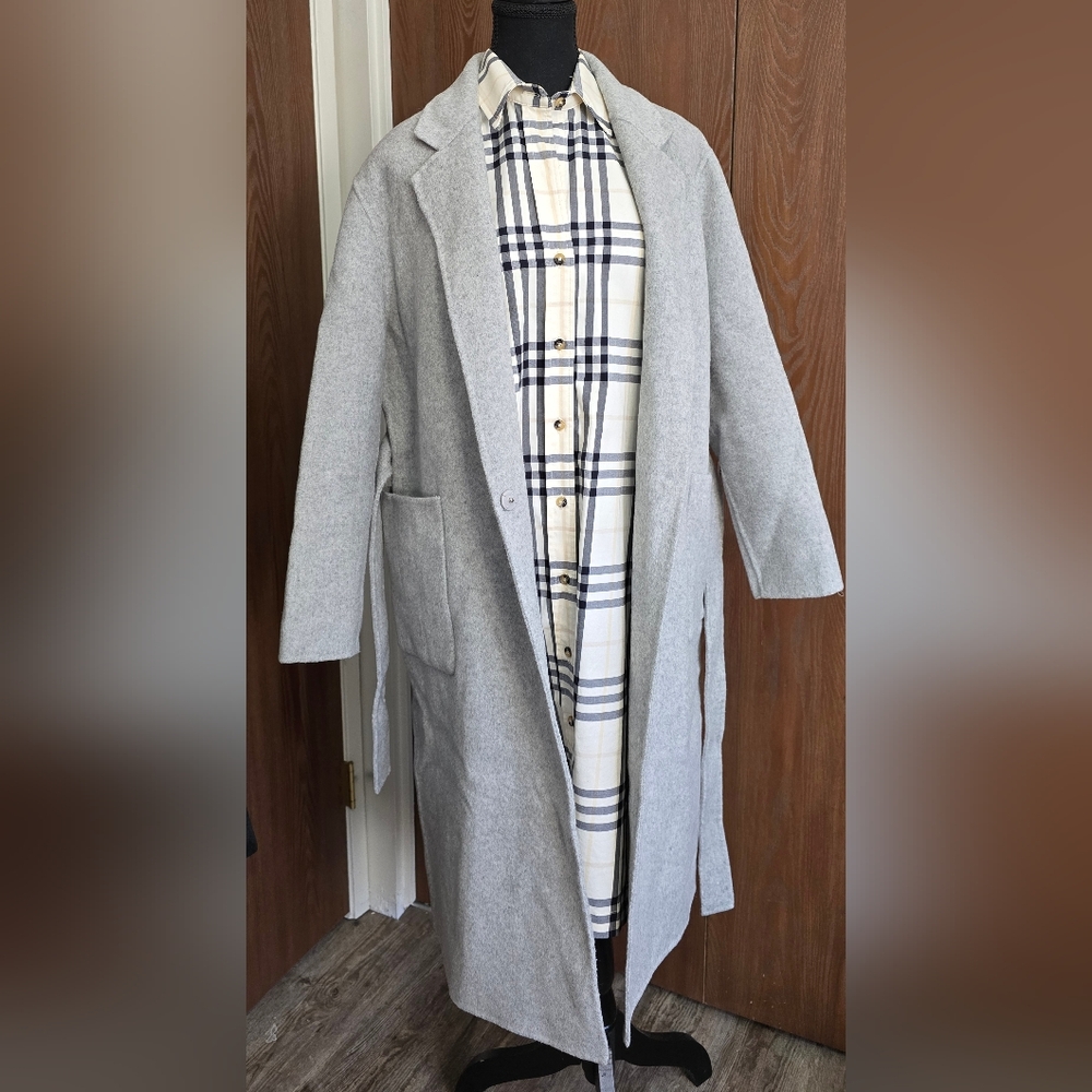 Gray Women's Belted Handmade Wool Coat - Picture 7 of 10